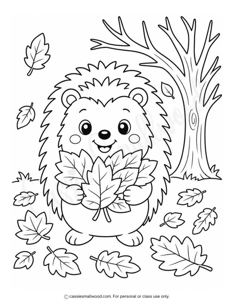 cute hedgehog fall coloring page free printable pdf, fall coloring sheet for kids, simple fall coloring page for preschool, kindergarten, and toddlers