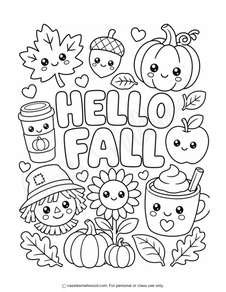 cute hello fall coloring page free printable pdf, fall season coloring sheet for kids, kawaii fall coloring page easy preschool, kindergarten, toddlers, elementary school kids