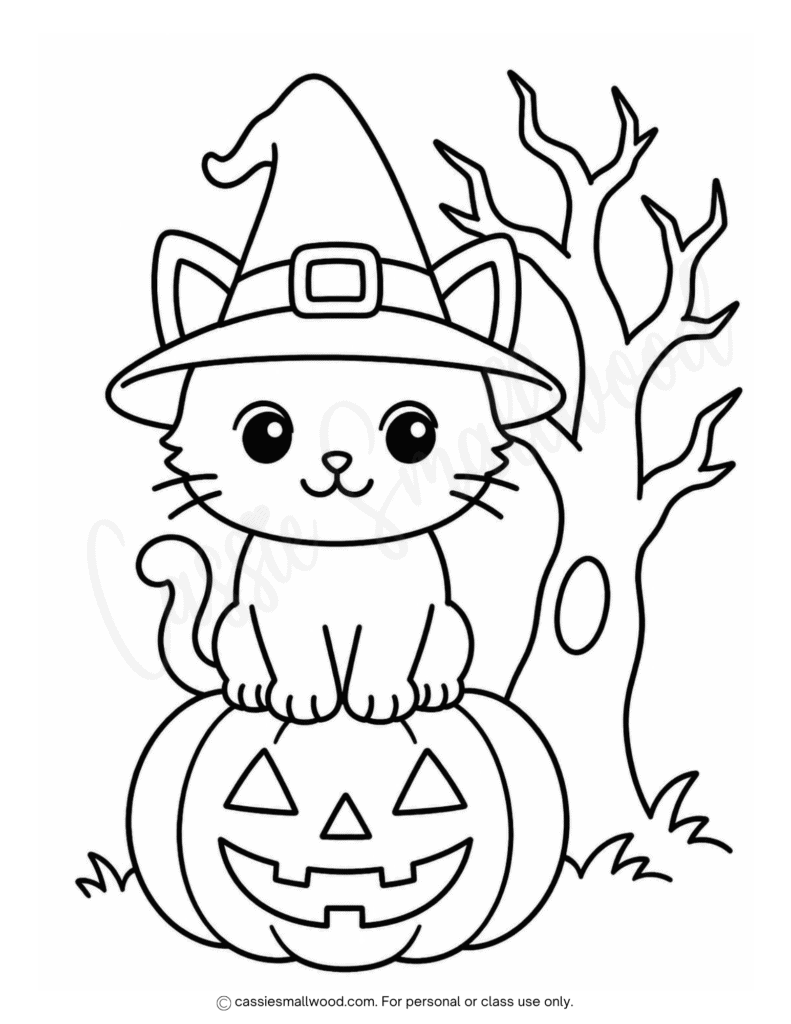 cute kitty Halloween coloring page free printable pdf, witch cat coloring page, easy Halloween coloring page preschool, simple toddler Halloween coloring sheet