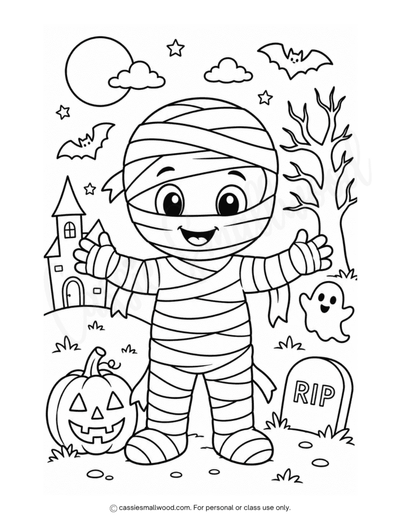 cute mummy coloring page for halloween free printable pdf, fun Halloween coloring page for kids, Halloween mummy coloring page full page