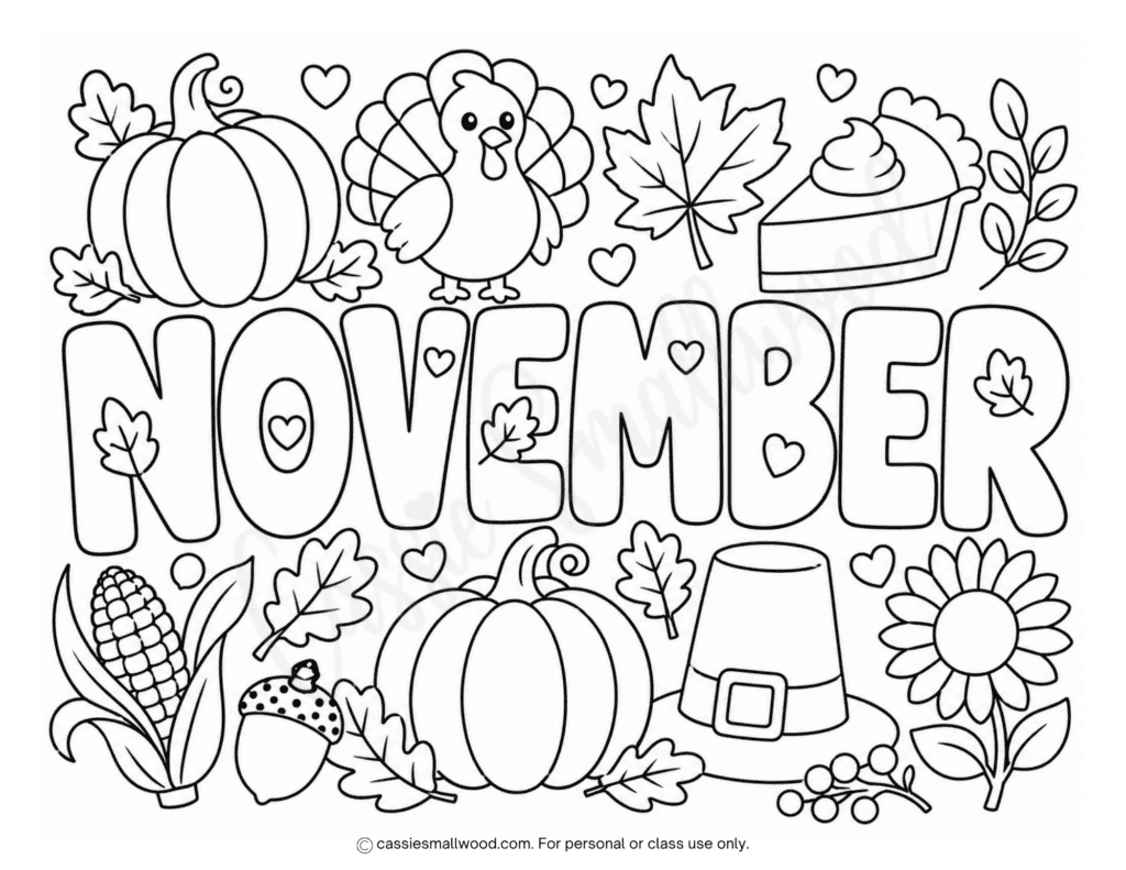 cute November coloring page for kids free printable pdf, Thanksgiving coloring page for kids, easy fall coloring page preschool toddlers kindergarten