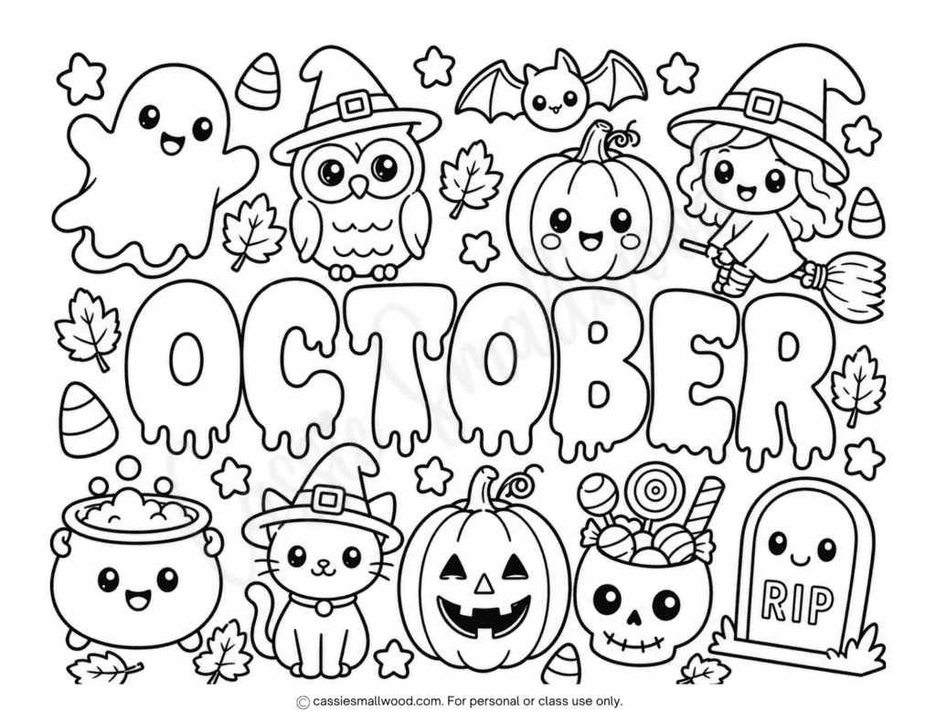 cute October coloring page for kids free printable pdf, kawaii Halloween coloring page for kids cute, fall coloring page for kids easy