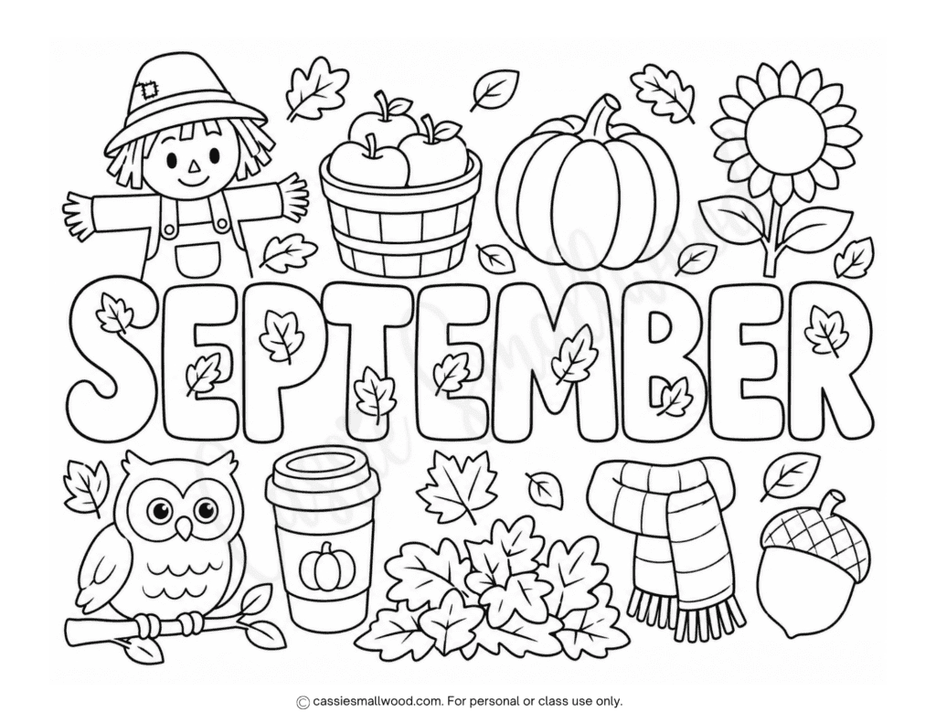 cute September coloring page for kids free printable pdf, fall coloring page for kids cozy, easy autumn coloring page for children, September coloring sheet preschool toddlers kindergarten
