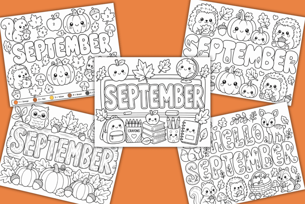 cute September coloring pages for kids free printable pdf, fun September coloring sheets for children, fall coloring pages for kids, September homeschool printables