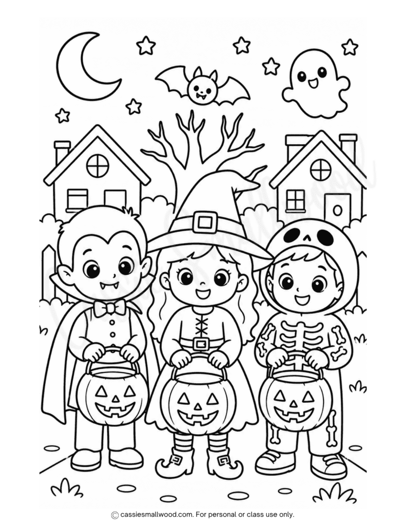 cute trick or treaters coloring page free printable pdf, fun Halloween coloring sheet for kids, trick or treating coloring page, trick or treat coloring page