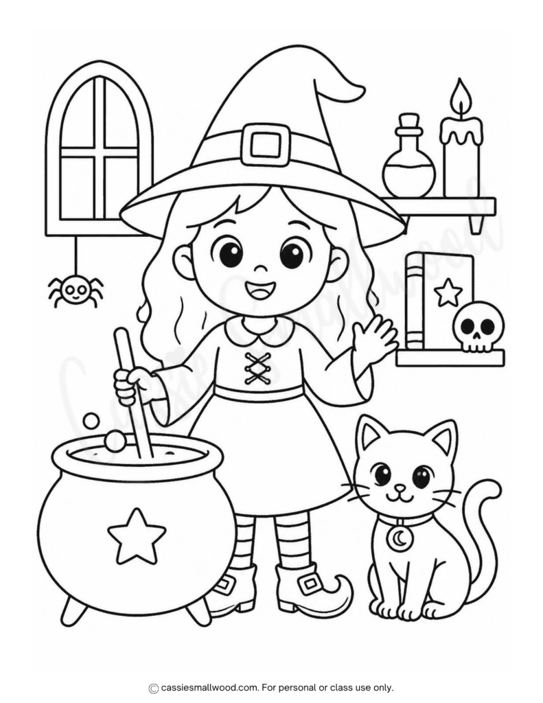 cute witch and cat Halloween coloring page free printable pdf, cute witch coloring page for kids, simple easy Halloween coloring sheet for preschool toddlers kindergarten