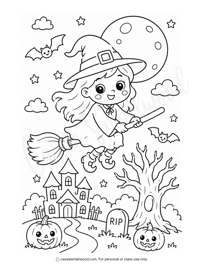 cute witch Halloween coloring sheet free printable pdf, fun Halloween coloring page for kids, adorable witch coloring page detailed