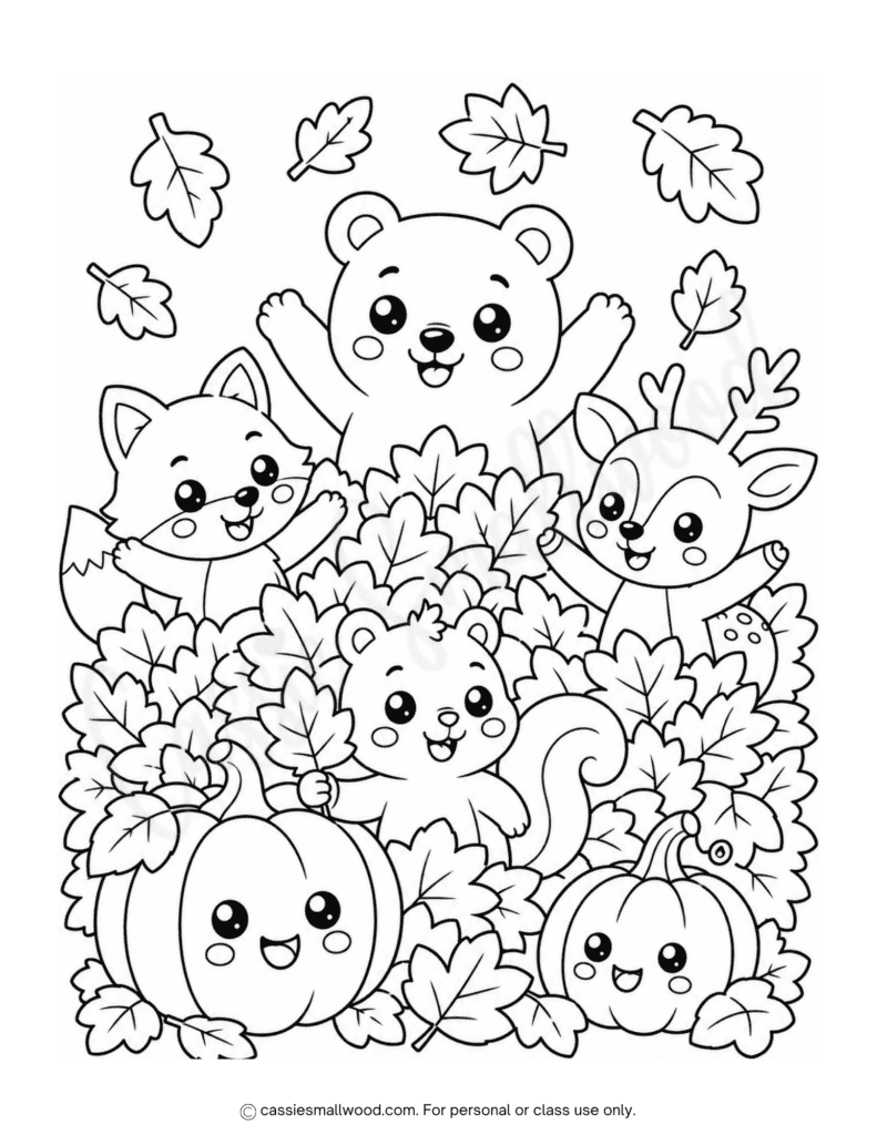 cute woodland animals and fall leaves coloring page for kids free printable pdf, cute fall coloring sheet for kids, simple fall coloring page for kids, deer coloring page, bear coloring page, fox coloring page, squirrel coloring page