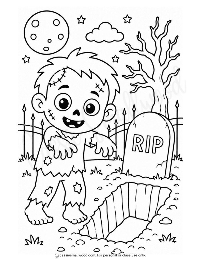 cute zombie Halloween coloring page for kids free printable pdf, fun Halloween coloring sheets for kids, graveyard coloring page