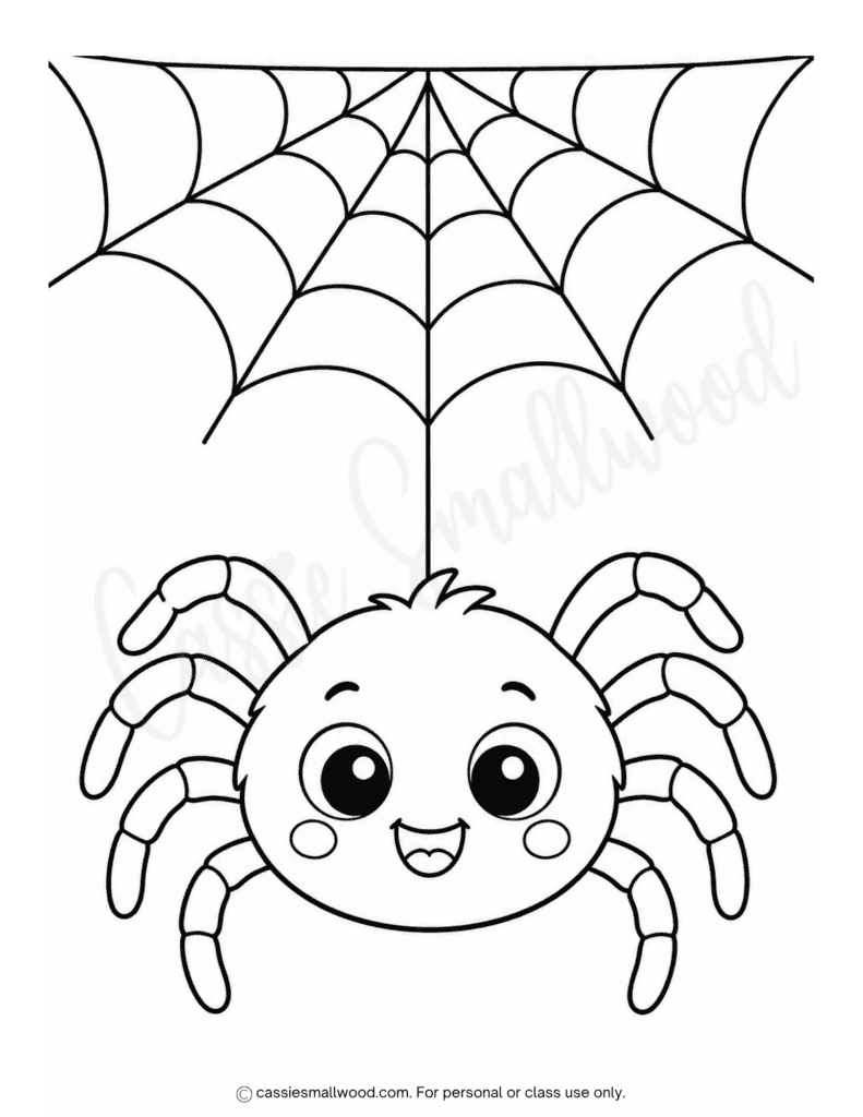 easy Halloween spider coloring sheet free printable pdf, cute Halloween coloring page for toddlers, cute spider coloring page for preschoolers
