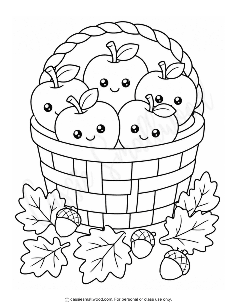 kawaii fall apple basket coloring page free printable pdf, acorns fall coloring page, apple fall coloring page for kids easy preschool kindergarten toddlers