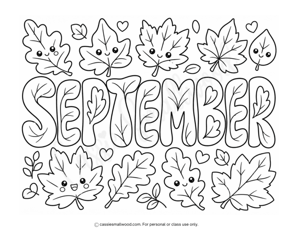 kawaii fall leaves September coloring page for kids free printable pdf, cute fall coloring sheet for children, 1st grade September coloring page, kindergarten September printable activities