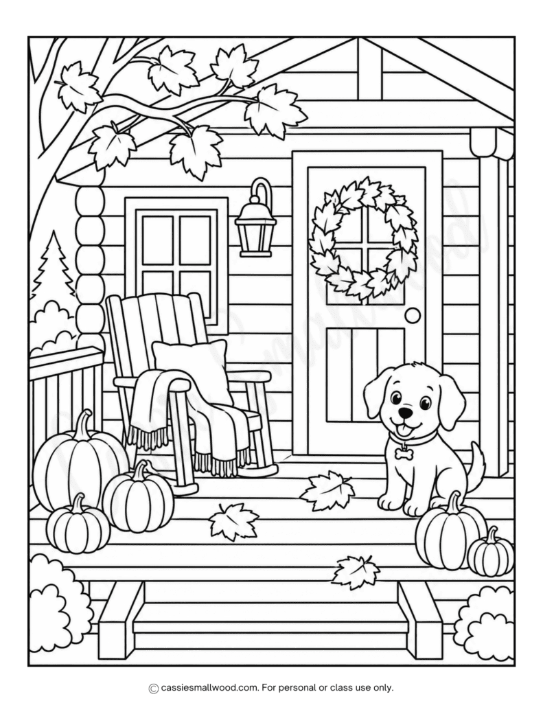 cozy fall porch coloring page free printable pdf, dog fall coloring page for kids, cute fall coloring sheet for kids