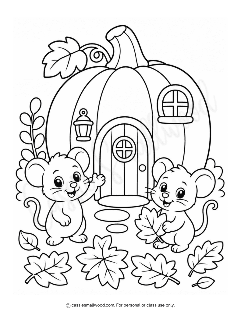 fall pumpkin house and mice coloring page free printable pdf, fall pumpkin coloring sheet, cute fall coloring page for kids, autumn coloring page preschool toddler kindergarten