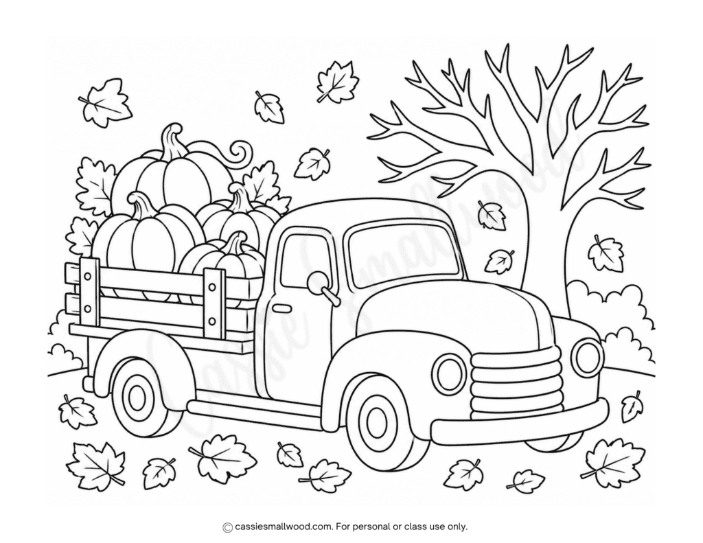 truck with pumpkins fall coloring page for kids free printable pdf, autumn coloring page for kids free printable pdf easy simple preschool toddler kindergarten