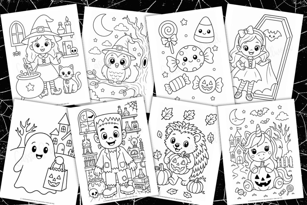 free printable cute Halloween coloring pages for kids pdf, adorable Halloween coloring sheets for kids simple
