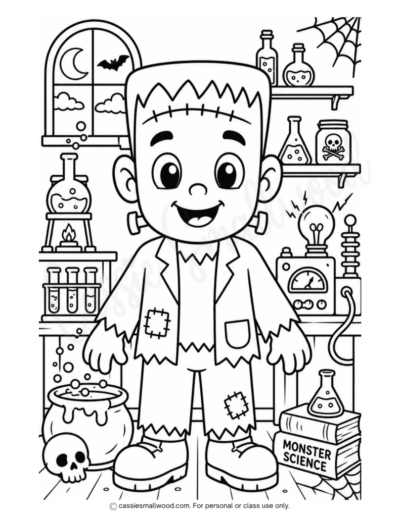 Frankenstein fun Halloween coloring page free printable pdf, detailed Halloween coloring page for kids, cute Halloween Frankenstein coloring sheet full page