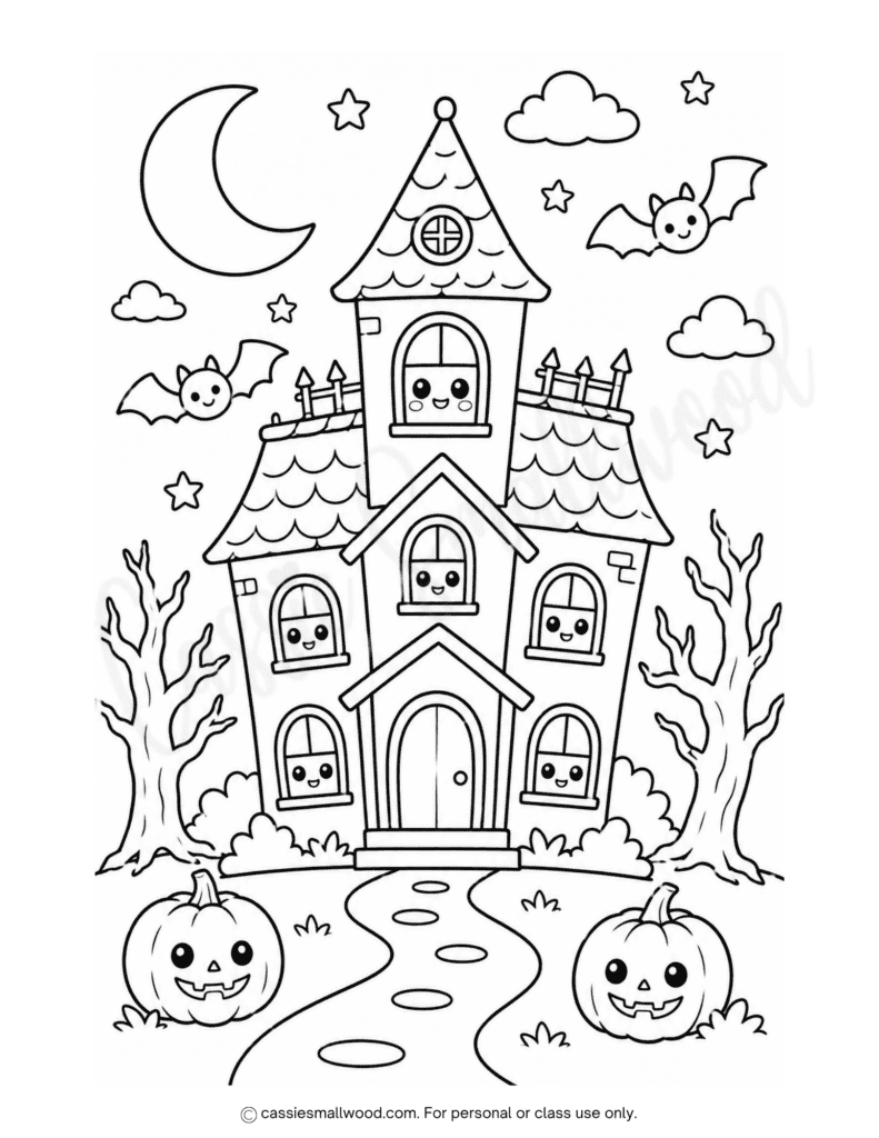 fun haunted house coloring page free printable pdf, easy Halloween haunted house coloring sheet, simple Halloween pictures to color for kids
