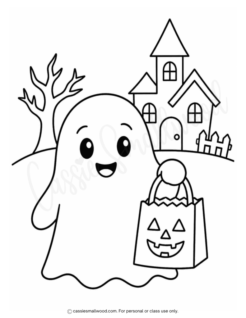 cute ghost trick or treating Halloween coloring page free printable pdf, fun Halloween coloring sheets for kids, preschool Halloween coloring page easy toddlers