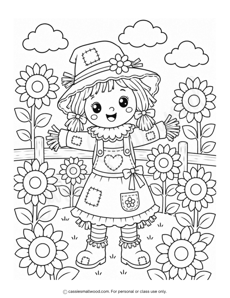 cute girl scarecrow and sunflowers fall coloring page free printable pdf, scarecrow coloring page for kids, sunflower coloring page, autumn coloring page for kids free printable