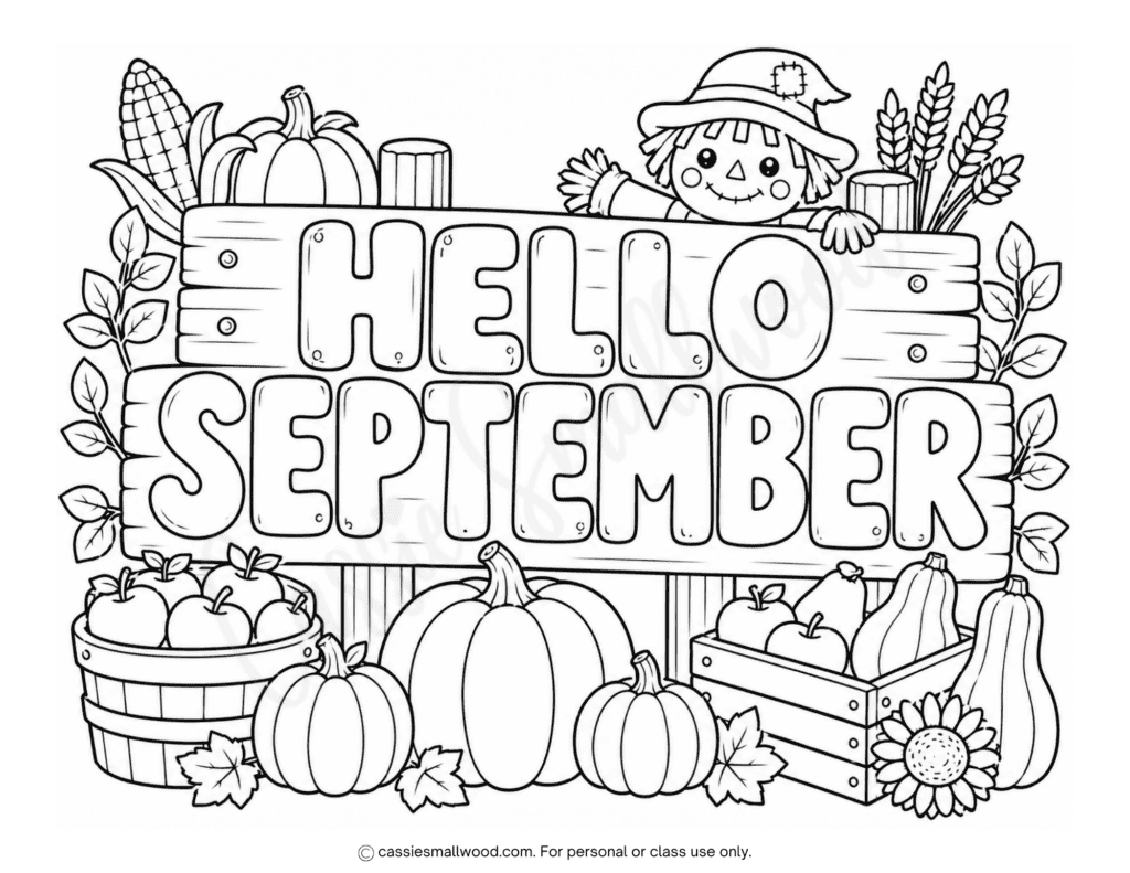 Harvest Hello September coloring page free printable pdf, cute harvest coloring pages for kids, fall coloring sheets for children, September homeschool activities