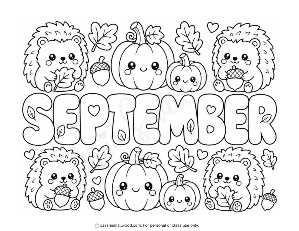 cute hedgehogs September coloring page for kids free printable pdf, cute kawaii fall coloring page, children's september coloring sheet free download pdf, September homeschool activity sheets
