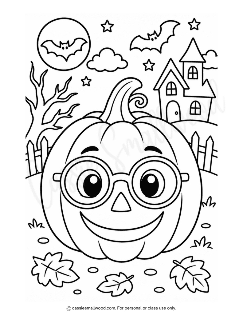 jack o lantern with glasses cute Halloween coloring sheet free printable pdf, fun Halloween coloring page for kids, full page Halloween coloring page, Jack o lantern coloring page