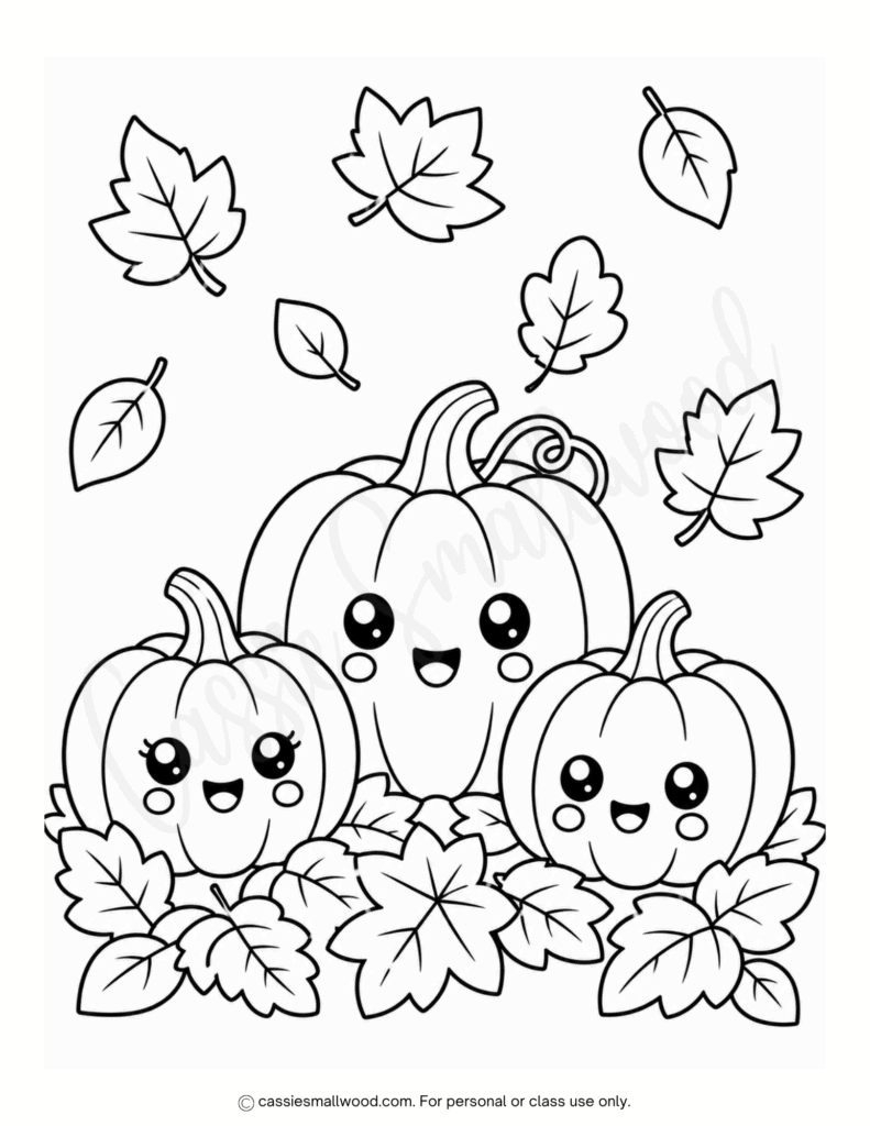 kawaii fall pumpkins and leaves coloring page free printable pdf, cute pumpkin fall coloring page, kawaii fall coloring page, easy fall coloring page for kids, fall leaves coloring page, autumn coloring page simple