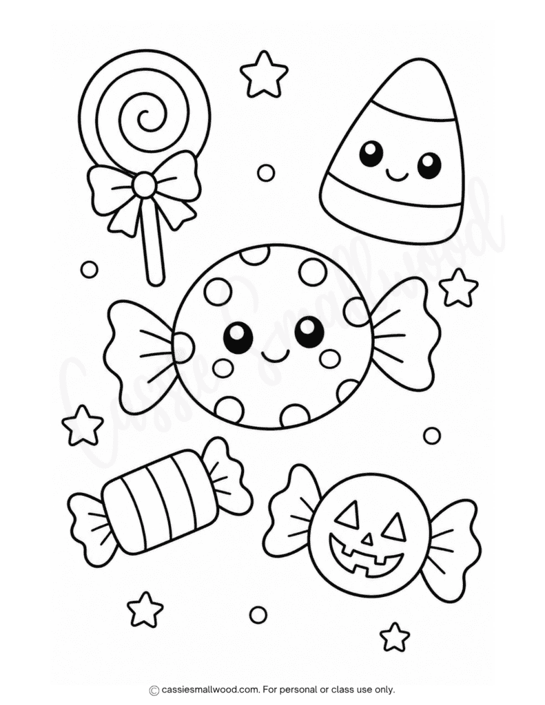cute kawaii Halloween candy coloring page free printable pdf, easy Halloween coloring sheet for preschool, simple Halloween coloring page for toddlers, kindergarten Halloween picture to color