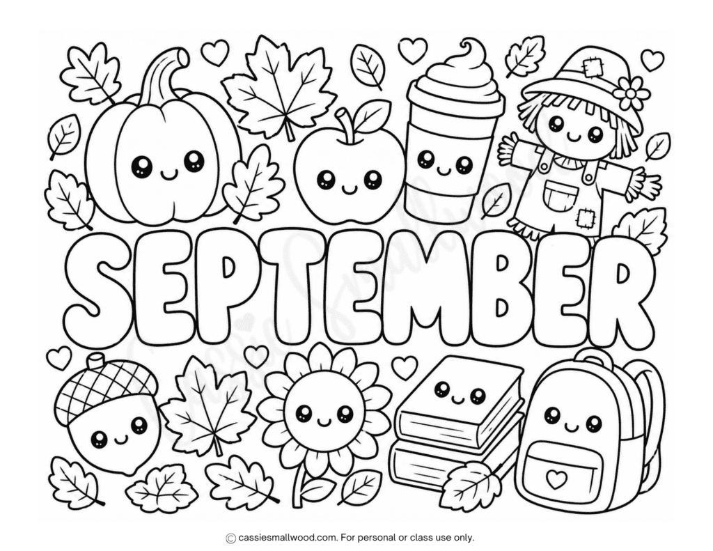 cute kawaii September coloring page free printable pdf, cute fall coloring page for kids, Fall printable activities, Fall activity sheets, Kindergarten September worksheets, September classroom activities