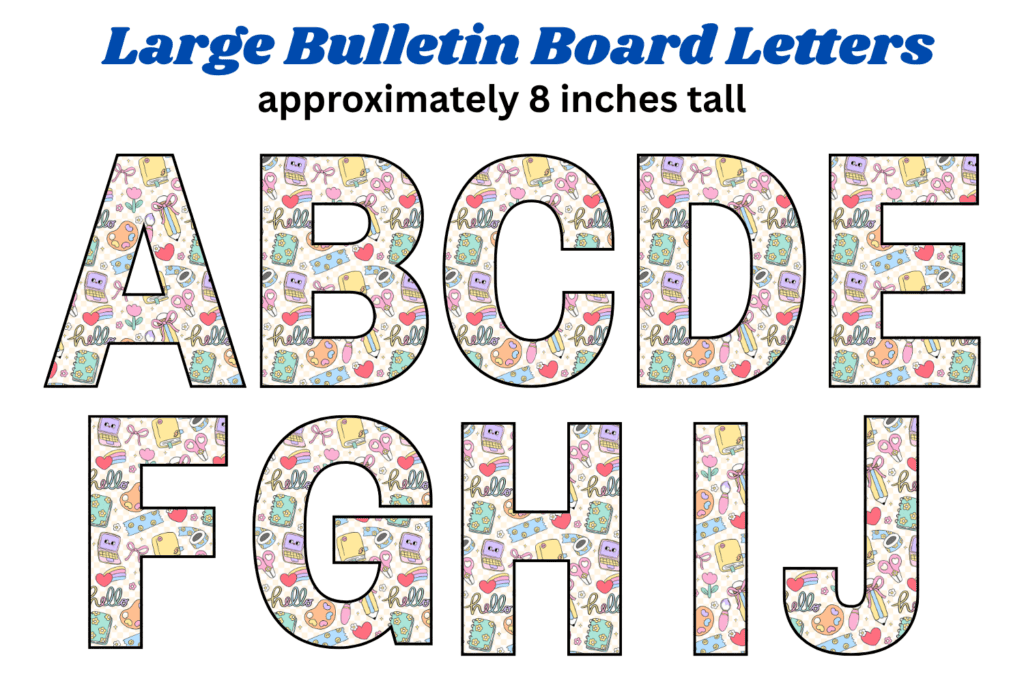 Large back to school bulletin board letters free printable pdf, cute back to school bulletin board decorations ideas, back to school theme letter cutouts for pin boards, alphabet cutouts for cork boards 8 inch big