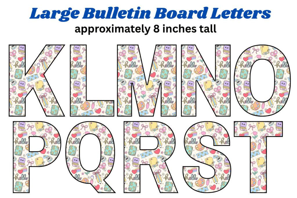 large back to school theme bulletin board letter cutouts free printable pdf, cute back to school theme bulletin board free printable ideas, big back to school alphabet cutouts for display boards and cork boards