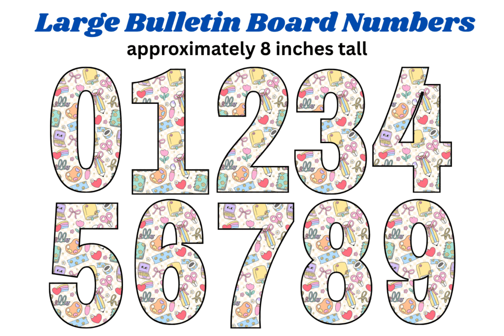 cute large back to school theme bulletin board numbers free printable pdf, cute back to school bulletin board decorations classroom free printable pdf, big number cutouts for display boards