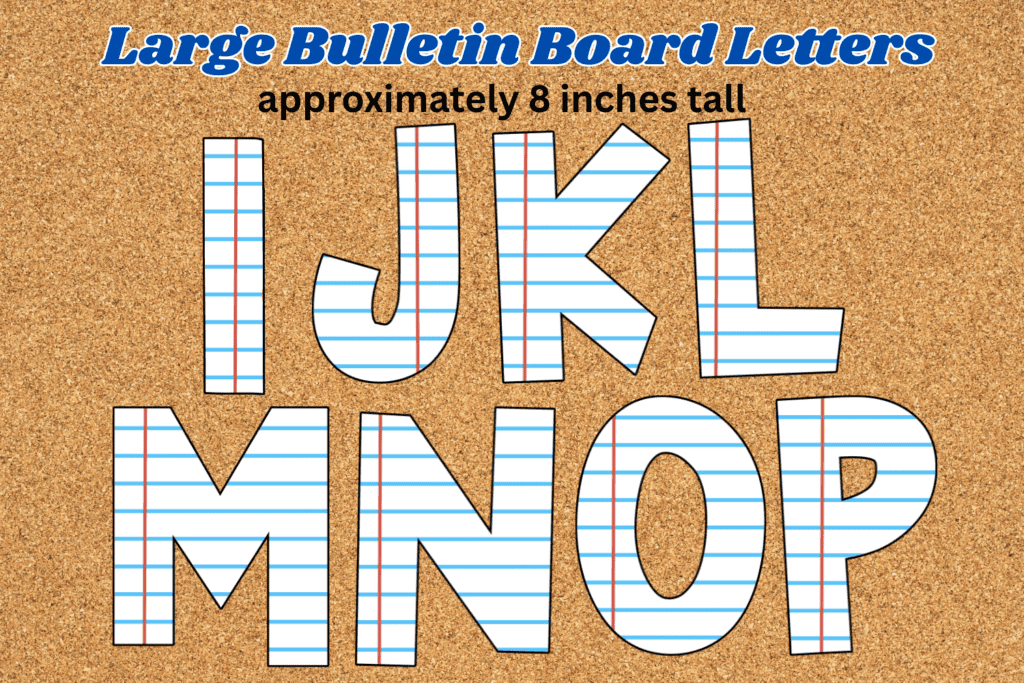 large notebook paper alphabet cutouts for bulletin board free printable pdf, back to school theme bulletin board letter cutouts, cute classroom display board letters free printable back to school theme