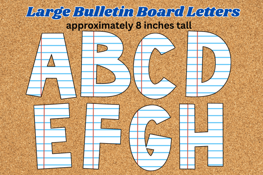 large notebook paper bulletin board letters for back to school free printable pdf, back to school alphabet cutouts for display boards, classroom bulletin board letters white lined paper