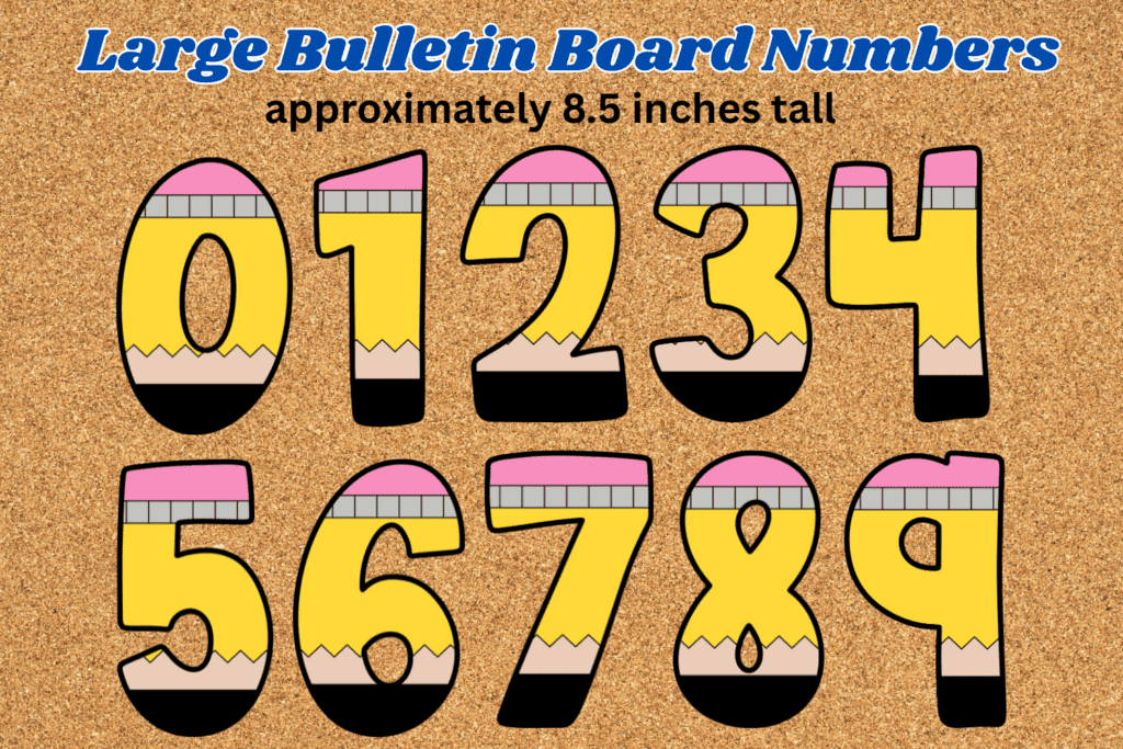 cute large back to school bulletin board numbers, back to school theme bulletin board decorations for the classroom, pin board number cutouts, display board numbers pencil theme