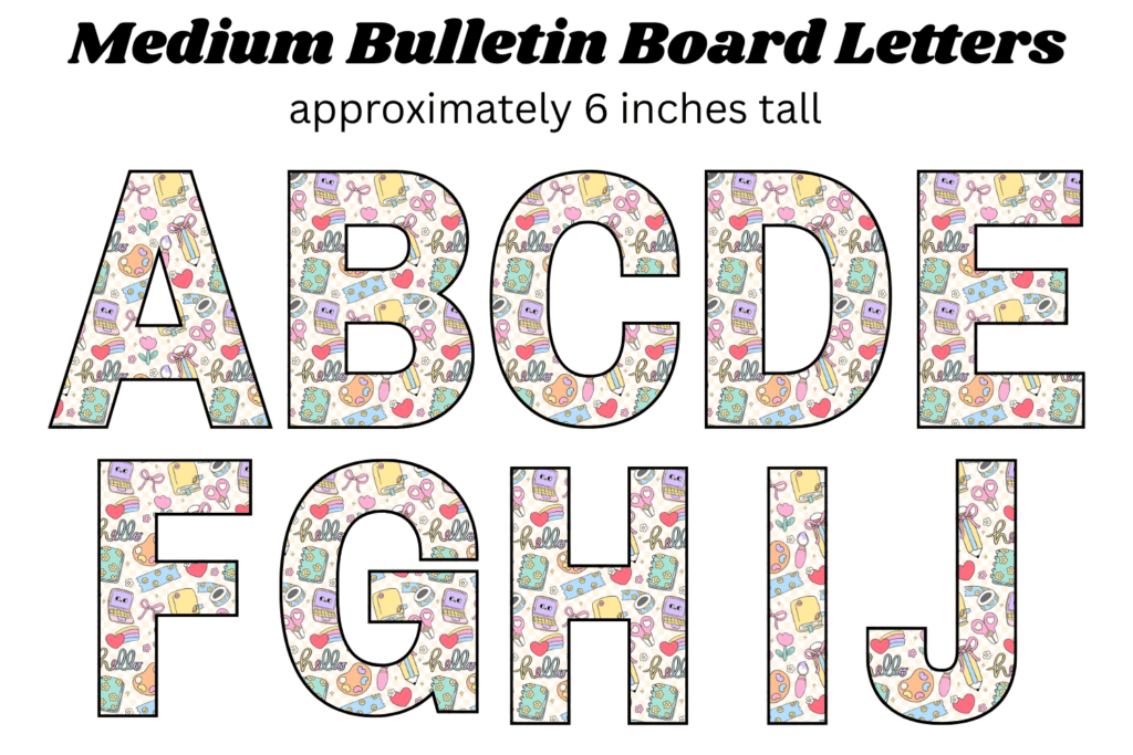 cute back to school bulletin board letters free printable pdf, back to school theme alphabet cutout letters, back to school display board letters, medium 6 inch classroom bulletin board letters