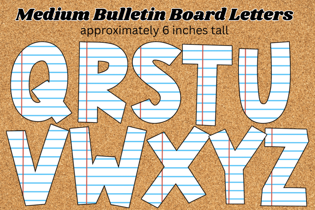cute lined paper cutout letters for display boards, notebook paper bulletin board alphabet cutouts, back to school theme pin board letters, classroom bulletin board white letters to cut out, cork board letters