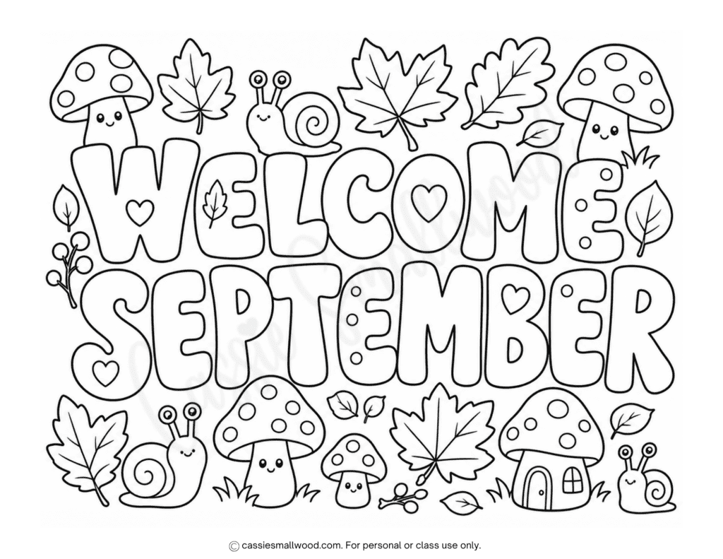 cute mushrooms welcome September coloring page free printable pdf, snail coloring page, cottagecore coloring page, cute fall coloring sheets for kids, September indoor activities