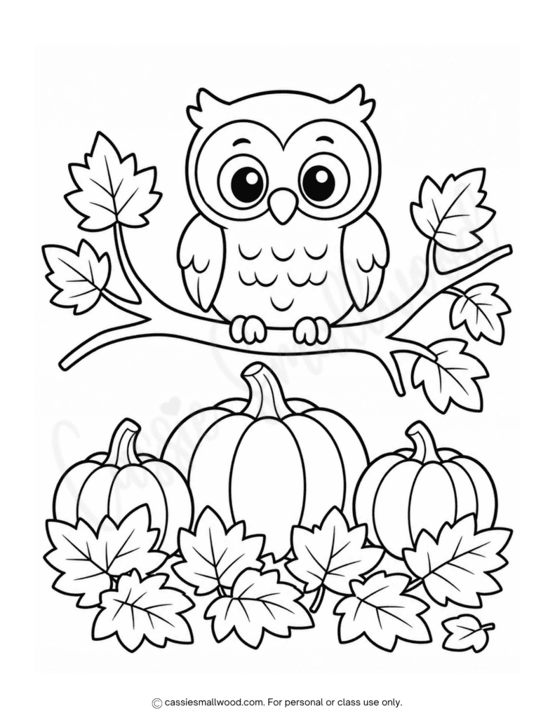 owl and pumpkins fall coloring page free printable pdf, cute easy fall coloring sheets for kids, fall season coloring page preschool, toddler autumn coloring page simple