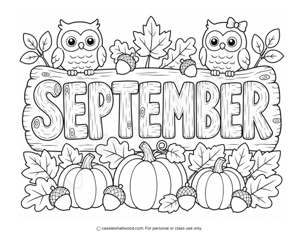cute owl September coloring page free printable pdf, pumpkin coloring page, woodland coloring page for fall, fall activity pages for kids fun, autumn coloring sheets for kids