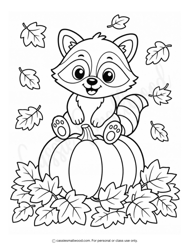 free printable raccoon and pumpkin fall coloring page pdf, cute fall coloring sheet for kids, fall animals coloring page easy preschool kindergarten toddlers