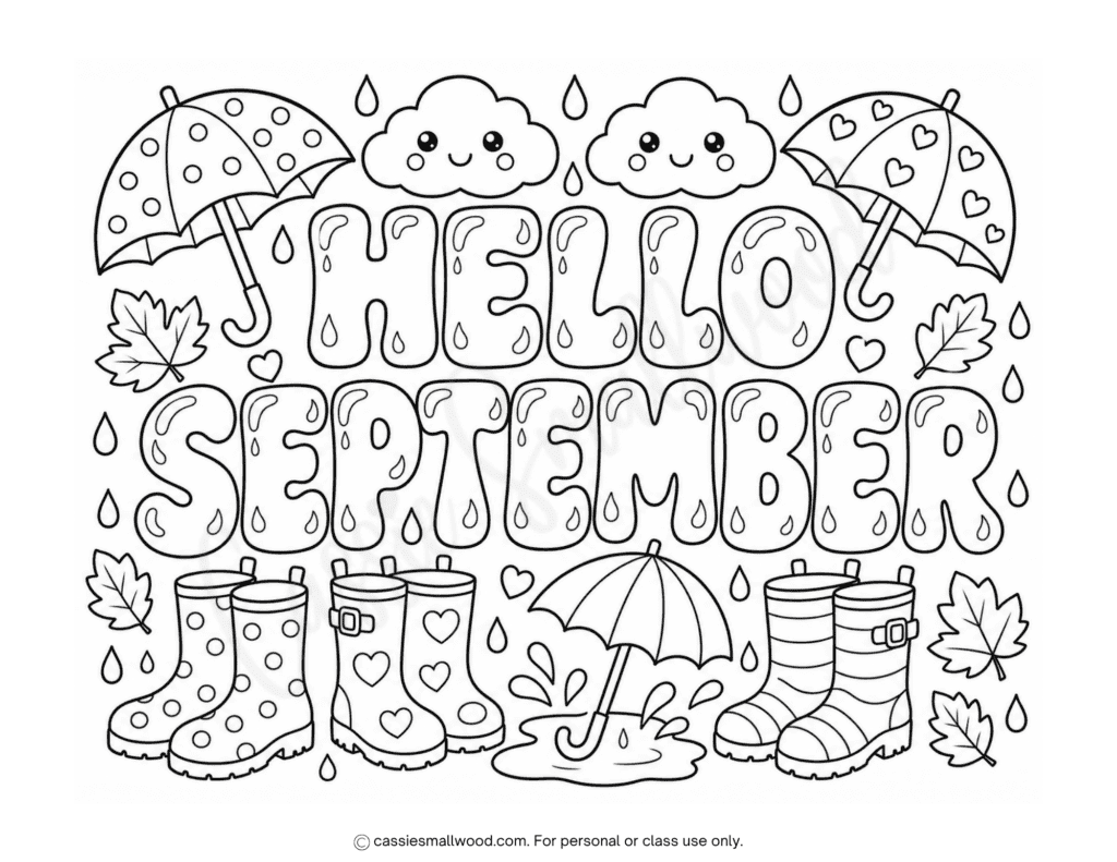 cute rainy hello september coloring page free printable pdf, rainboots coloring page, umbrella coloring page, kawaii fall coloring page for kids, September activity sheets for kids, September classroom activities to print for free