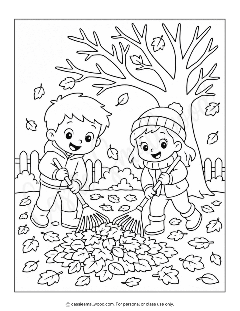raking fall leaves coloring page for kids free printable pdf, cute fall coloring pages for kids, autumn coloring pages easy, simple fall coloring sheets for kids
