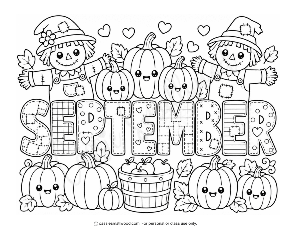 cute scarecrow and pumpkin september coloring page free printable pdf, September worksheets, cute fall coloring pages, cute autumn coloring sheets, September morning work
