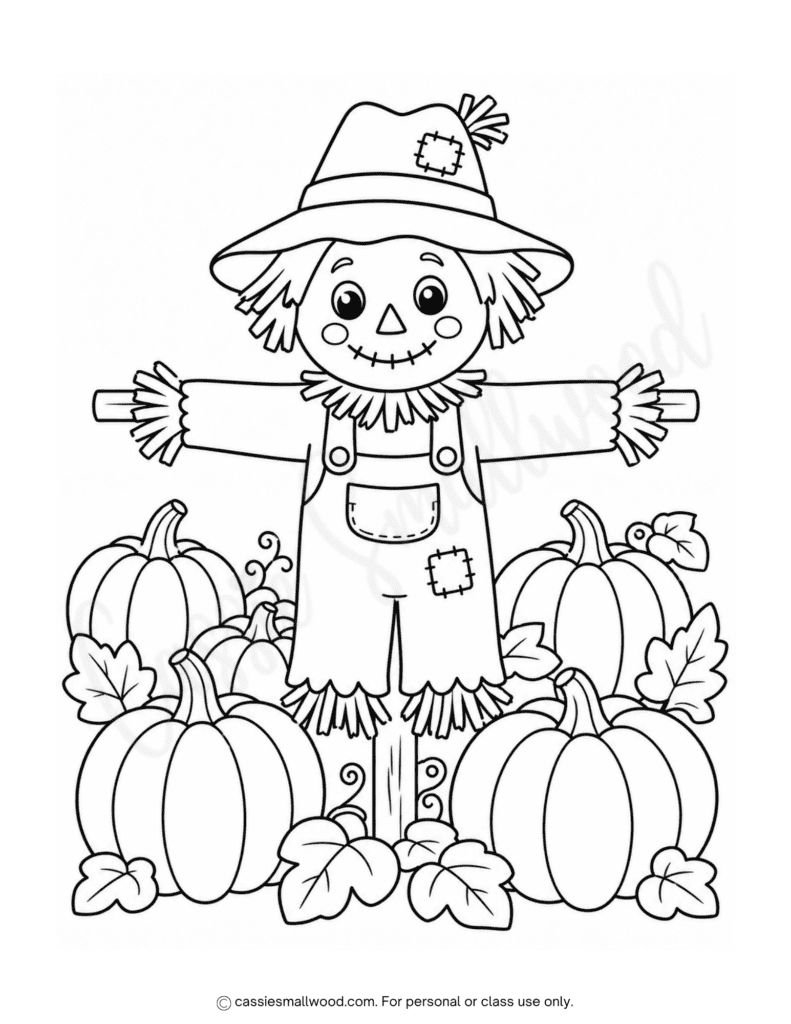 cute scarecrow and pumpkins fall coloring page free printable pdf, pumpkin patch fall coloring page for kids, free printable autumn coloring page for kids easy, fall coloring sheet for children