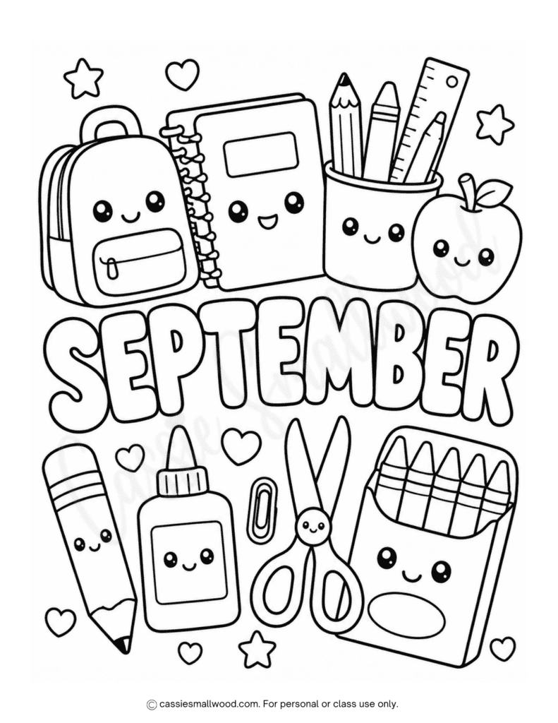 kawaii school September coloring page free printable pdf, cute back to school coloring sheet for kids, first day of school coloring page, fall coloring page for kids, first day of school printable activity sheet