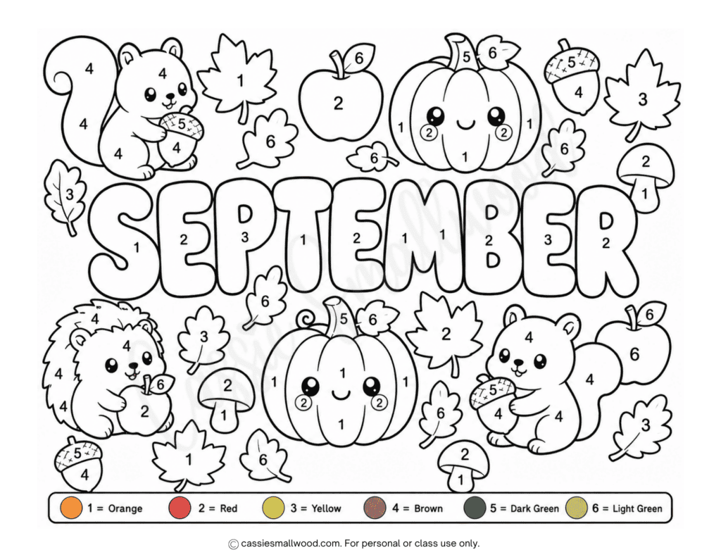 cute September color by number coloring page free printable pdf, fall color by number for kids, easy color by number coloring sheet for september, Kawaii September coloring page, September activity sheet for kids, Free printable September worksheet fun