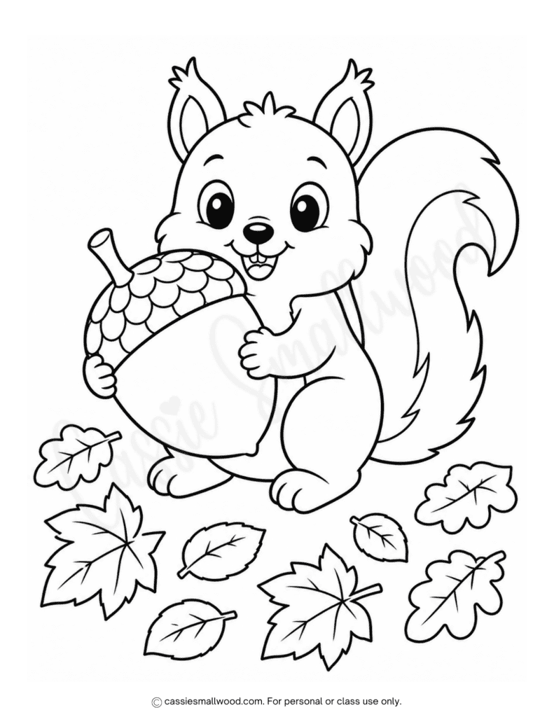squirrel and acorn fall coloring page free printable pdf, cute fall coloring page for kids, easy autumn coloring sheet for preschool, toddlers, kindergarten