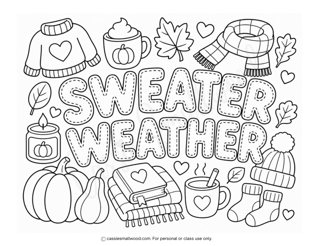 cute sweater weather fall coloring page for kids, cozy fall coloring page for kids, easy autumn coloring page for kids, simple fall coloring sheet preschool kindergarten toddlers